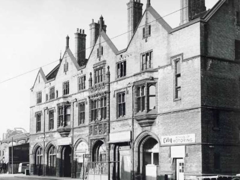 The Corn Exchange, at the junction of Wharf Street, in January 1960, showing Midland Bank, Horners Creameries, Sam Adams wholesale fruit and vegetable merchants, and City School of Motoring