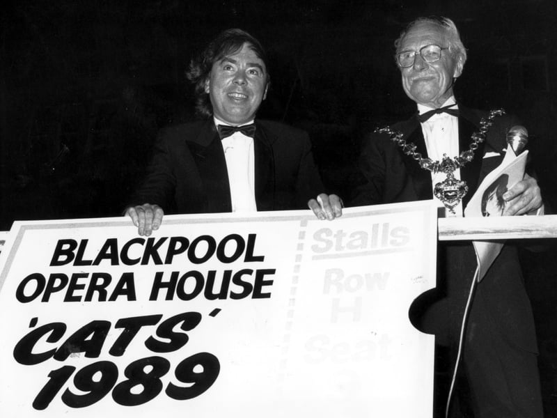 Lights switch on, 1988. Andrew Lloyd-Webber with Mayor Bob Crichton 