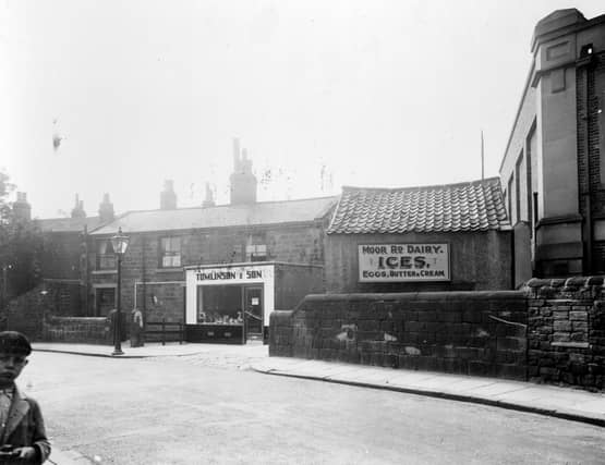 Moor Road Dairy pictured in August 1935. It dealt in butter, cream, milk, eggs and was locally famed for the home-made ice-cream which they sold. In this view a modern shop front has been added to the front of the house. The building on the right was an electricity sub-station built in the early 1930s. In the 1980s all the dairy property was converted to flats.