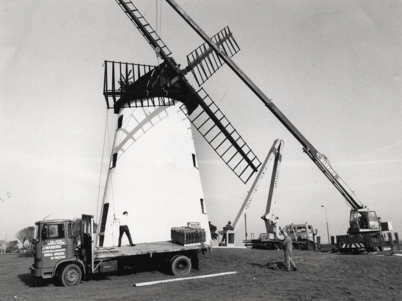Marton Windmill, October 1988. The sail is fitted to complete Marton Mill