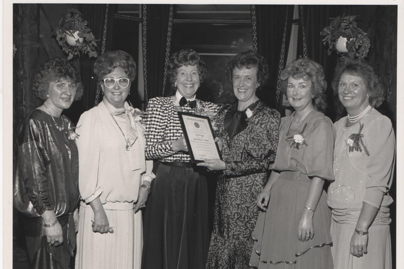 The North Fylde Inner Wheel first charter dinner, held in 1988 at The Claremont Hotel, Blackpool.
Left to right: Barbara Lester, Sheila Pindred (now deceased), Gwen Exley (district chairman) Maureen Romer (president)  Anne Taylor (vice chairman) and Jacqui Hulme (founder member)