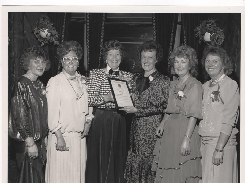 The North Fylde Inner Wheel first charter dinner, held in 1988 at The Claremont Hotel, Blackpool.
Left to right: Barbara Lester, Sheila Pindred (now deceased), Gwen Exley (district chairman) Maureen Romer (president) Anne Taylor (vice chairman) and Jacqui Hulme (founder member)