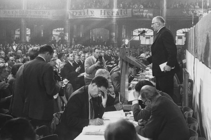 Frank Cousins (1904 - 1986), General Secretary of the Transport and General Workers' Union (TGWU) addresses the opening of the Labour Party Conference in Blackpool, UK, 3rd October 1961