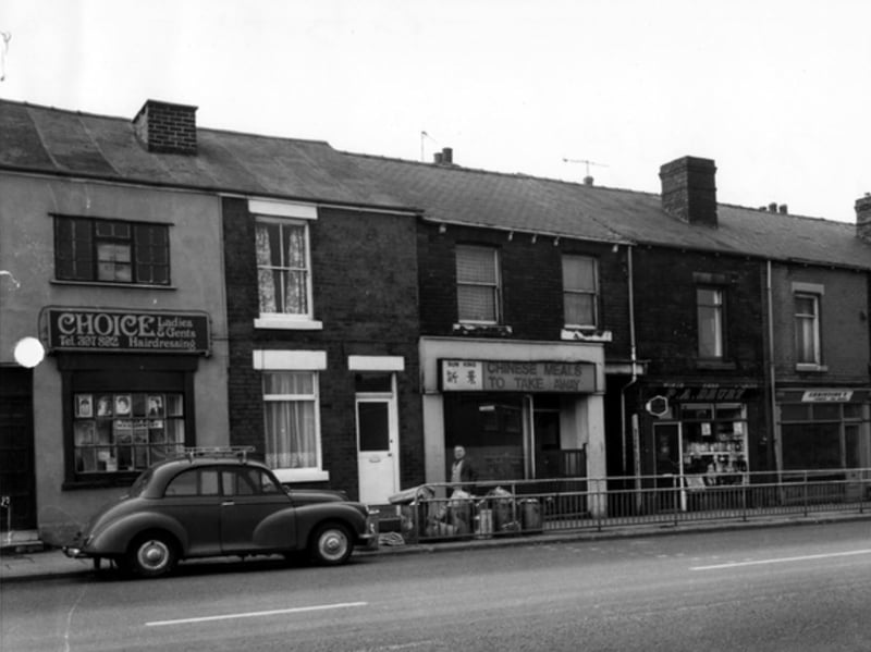 City Road, Sheffield, in 1981, showing Choice, ladies and gents hairdressing; Sun King Chinese takeaway; and P. A. Drury, off-licence