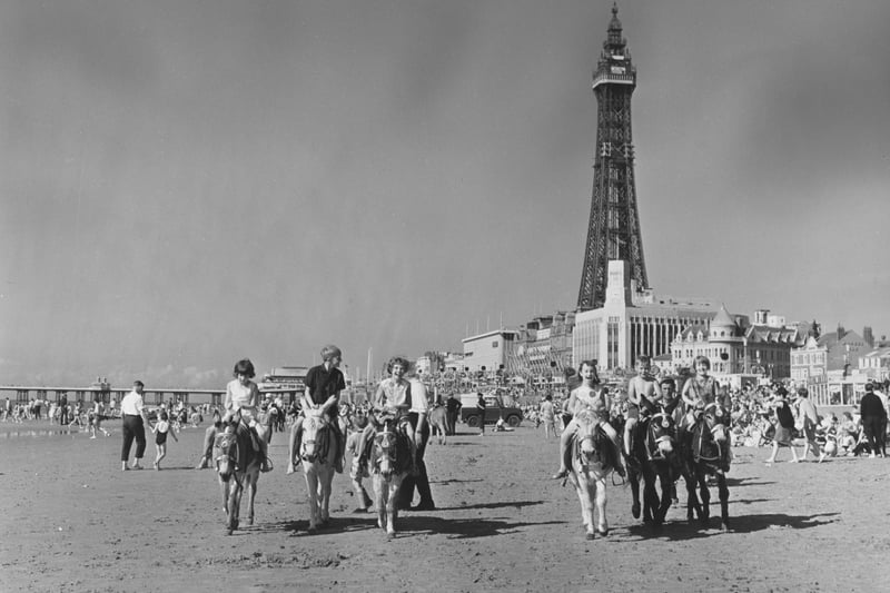 28th August 1965:  Holidaymakers riding donkeys on a busy beach in  Blackpool, Lancashire with Blackpool Tower in the background
