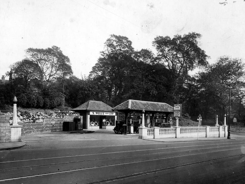 Headingley Hill petrol filling station, business of S.Wells Ltd. Pictured in October 1932.