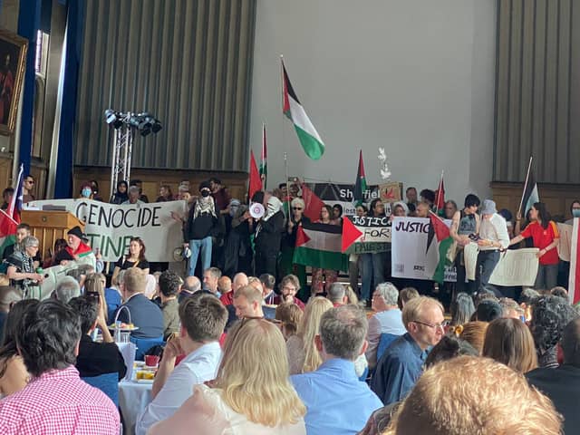 Protesters on stage in support of Palestine at the University of Sheffield's Education Awards today (May 8).