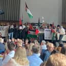 Protesters on stage in support of Palestine at the University of Sheffield's Education Awards today (May 8).