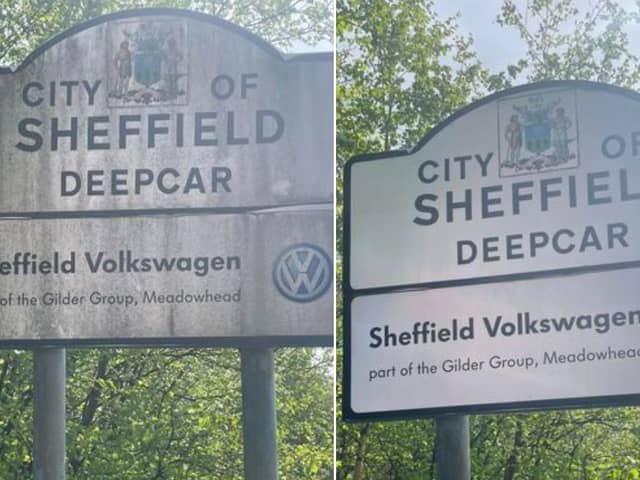 A before and after photo showing one of the signs which has been cleaned by a good samaritan in Sheffield