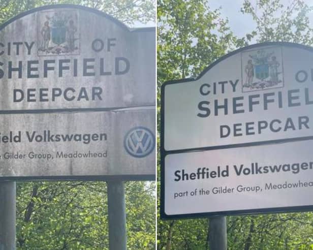 A before and after photo showing one of the signs which has been cleaned by a good samaritan in Sheffield