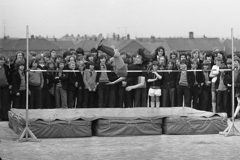 Paul Bewick easily clears the bar during the senior high jump at Pennywell School in May 1974.