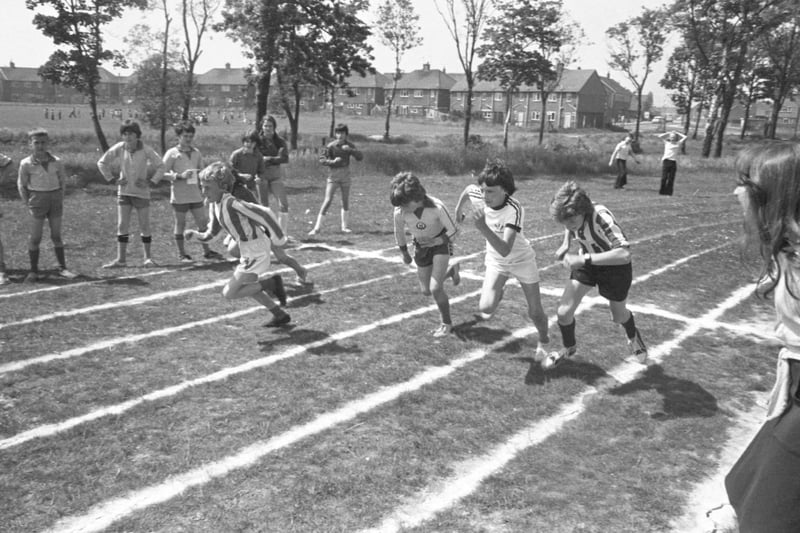 Off to a flyer in the 100 yard dash at the Castle View Junior School sports day in July 1977.