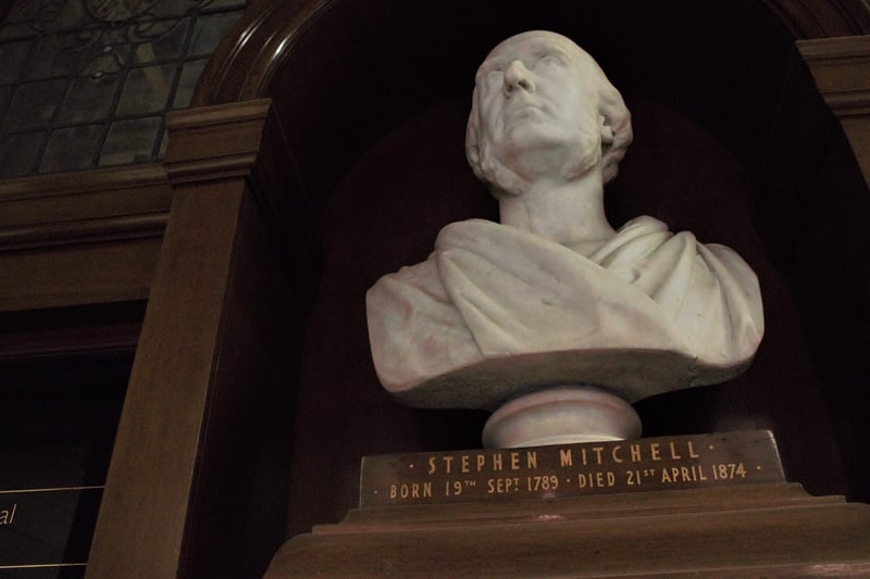 There is a large bust dedicated to Stephen Mitchell who was the founder of the Mitchell Library. Mitchell died in 1874 and bequeathed the bulk of his estate to “form the nucleus of a fund for the establishment and endowment of a large public library in Glasgow, with all the modern accessories connected therewith.” The total sum amounted to £70,000 – around £6.5 million in today’s money.