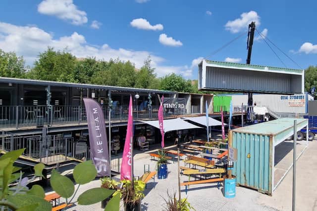 Based at the Kelham Island container complex, Decks describes itself as the 'OG Ibiza terrace bar' and is always a popular spot, especially when the sun's out. 
Pictured is the Steel Yard container complex at Kelham Island