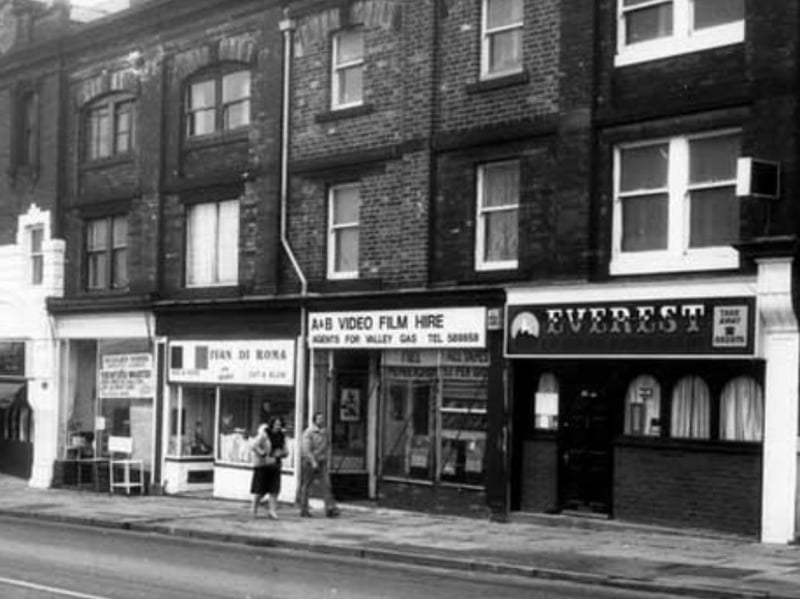 Shops on Chesterfield Road, Meersbrook, Sheffield, including   Everest Indian restaurant; A. and B. Video film hire; and Ivan di Roma, hairdressers. Taken some time between 1980 and 1999