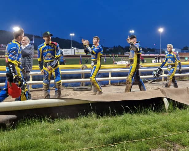 Sheffield riders applaud the crowd after a dramatic KO Cup superheat win over Belle Vue at Owlerton.
