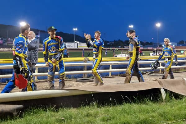 Sheffield riders applaud the crowd after a dramatic KO Cup superheat win over Belle Vue at Owlerton.