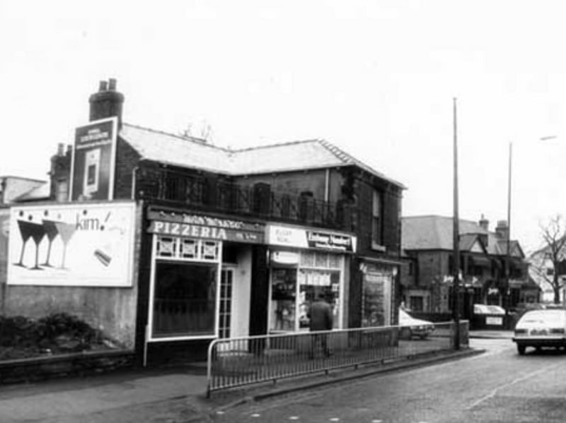 Chesterfield Road, Woodseats, at the junction with Holmhirst Road, in 1983, showing San Marco Pizzeria, the Sugar Bowl, and the Big Tree pub