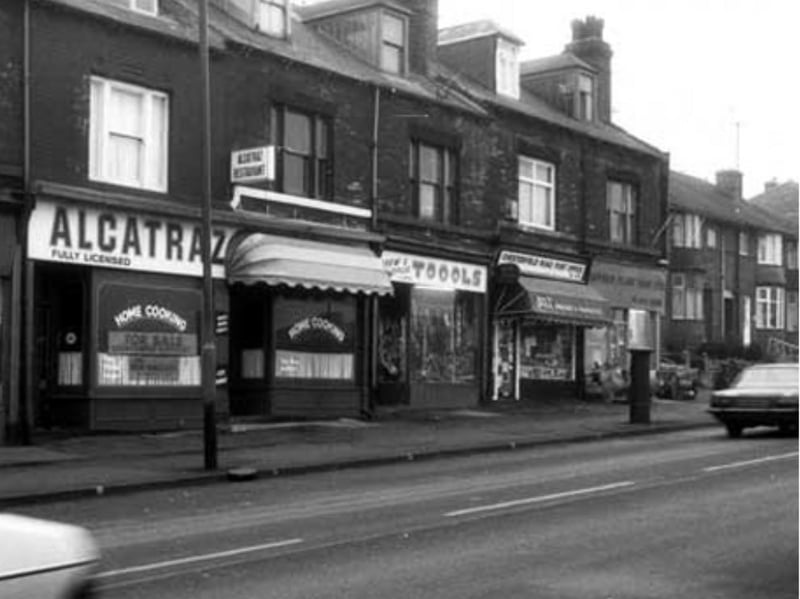 Shops on Chesterfield Road, Meersbrook, Sheffield, showing Rother Plant Hire Ltd; Chesterfield Road Post Office; Toools, new and second hand tools; and Alcatraz Restaurant. Taken some time between 1980 and 1999