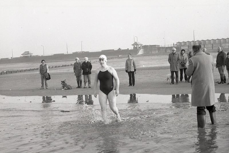 Channel swimmer Julie Bradshaw started 1982 as she meant to go on... in the swim. The 17-year-old long distance swimmer braved the icy waters of the Irish Sea at Cleveleys for her annual New Year's Day dip