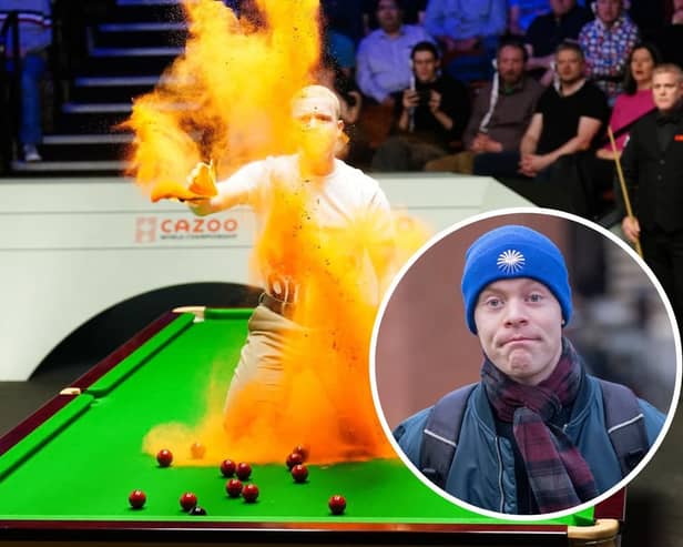 On April 17, 2023, 26-year-old Edred Whittingham (pictured) and Margaret Reid, aged 53, were sitting in the front row at the championships at the Crucible, Sheffield, before jumping the barrier and disturbing the matches.
