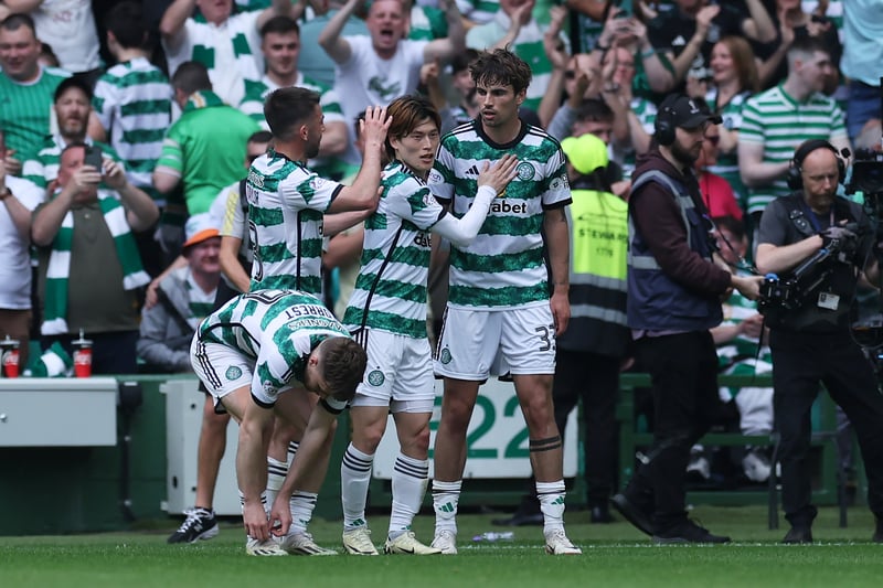 Celtic midfielder Matt O'Riley is swarmed by teammates Kyogo Furuhashi and Greg Taylor after scoring his team's first goal