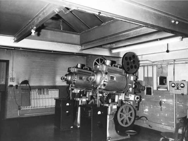 The projection room at the old Rex Cinema, on Mansfield Road, Intake, Sheffield, in 1980
