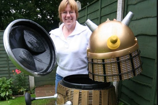 Durham residents Sandra Whitmore and her Dalek compost bin in 2005.