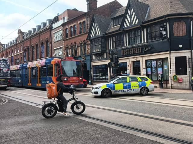 This was the scene on West Street, Sheffield city centre, after an incident earlier this afternoon. Picture: Alastair Ulke 