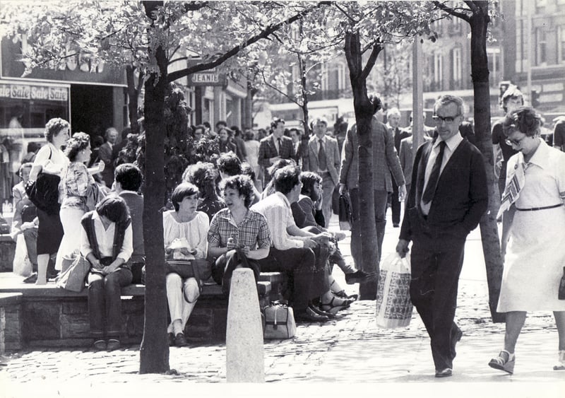 Shoppers enjoying the sunshine in Sheffield in May 1981