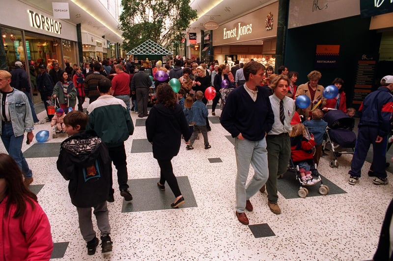 Bargain-hunters at the White Rose Shopping Centre which opened to the public for the first time in March 1997.