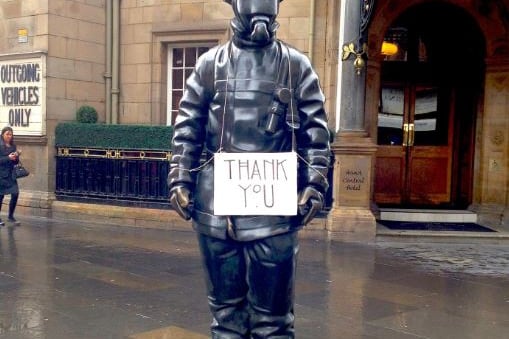 The Citizen Firefighter statue on Hope Street outside of Glasgow Central station is a tribute to firefighters past and present. The statute was designed by Kenny Hunter and was unveiled in 2001. 
