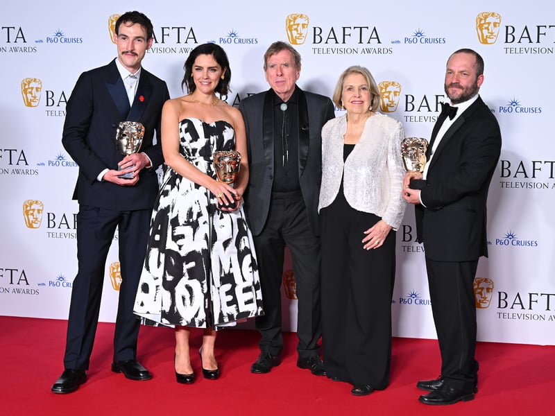 Alanna Hardwicke, Annabel Scholey, Timothy Spall, Anne Reid and Rick Warden pose with the Limited Drama Award for 'The Sixth Commandment' in the Winners Room during the 2024 BAFTA Television Awards.