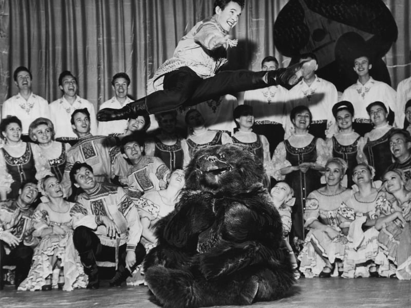 Dancers of the Omsk Russian Ensemble rehearse at Leeds Grand Theatre in October 1967.