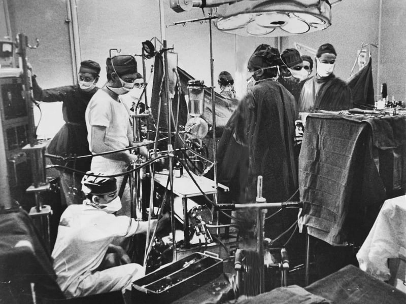 Inside the operating theatre during heart surgery at Killingbeck Hospital in January 1967.