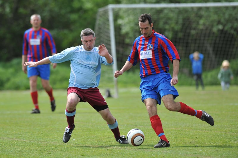 The 2018 Over 40's Football Billy Lorraine Cup Final between Wearmouth CW Old Boys (light blue) and Sedgefield, played at Wearmouth Cricket Club.