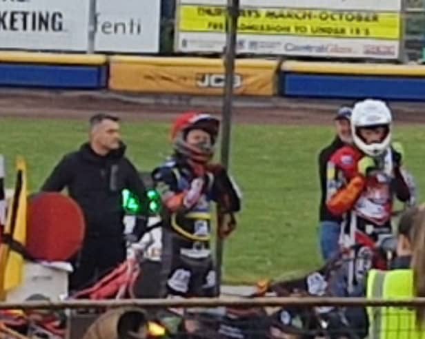 Jack Smith (in red, centre) is set to guest for Sheffield at Kings Lynn in their Speedway Premiership clash on Thursday. Photo: David Kessen, National World