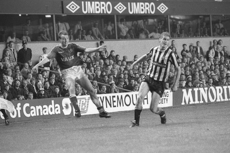 Getting a cross in at St James' Park in May 1990.