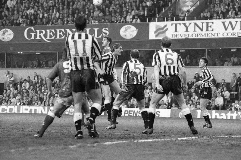 An aerial battle for the ball in this Sunderland-Newcastle scene from May 1990.