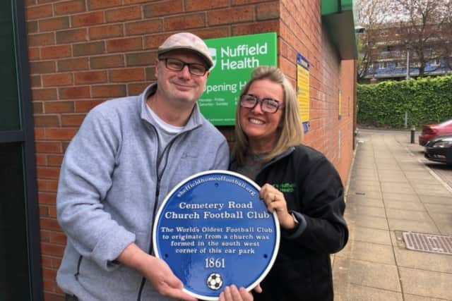Sheffield Home of Football trustee Steve Wood and Nicki Cox,  operations manager (Wellbeing)at Nuffield Health, with the blue plaque