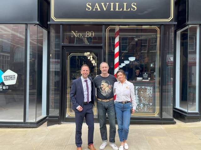 Left to right: Cllr Ben Miskell (Sheffield City Council), Joth Davies (Savills Barbers) and Annabel Stonehouse-Davies (Savills Barbers).
