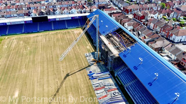Drone image showcasing Fratton Park and South Stand TV gantry work by My Portsmouth By Drone.