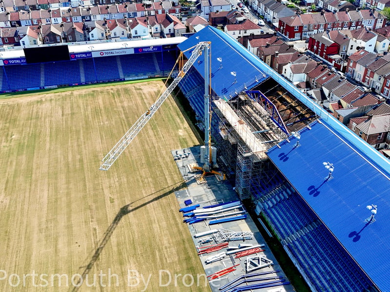 Drone image showcasing Fratton Park and South Stand TV gantry work by My Portsmouth By Drone.