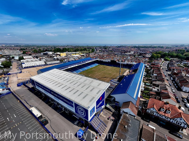 Drone image showcasing Fratton Park and South Stand TV gantry work by My Portsmouth By Drone.