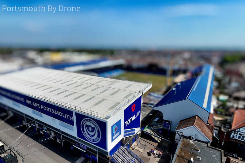 Drone image showcasing Fratton Park and South Stand TV gantry work by My Portsmouth By Drone.