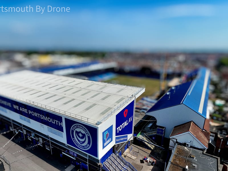 Drone image showcasing Fratton Park and South Stand TV gantry work by My Portsmouth By Drone.