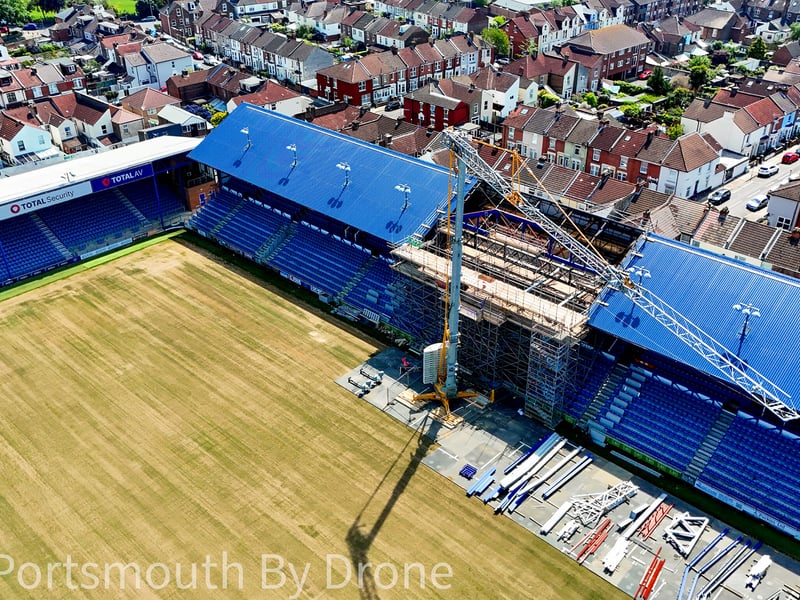 Drone image showcasing Fratton Park and South Stand TV gantry work by My Portsmouth By Drone.