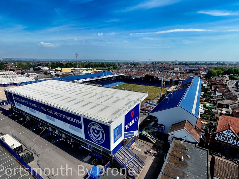 Drone image showcasing Fratton Park and South Stand TV gantry work by My Portsmouth By Drone.
