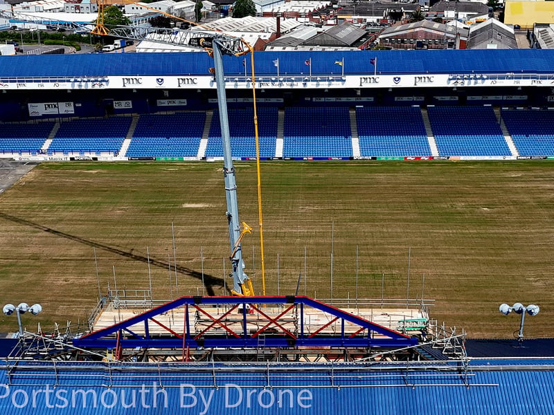 Drone image showcasing Fratton Park and South Stand TV gantry work by My Portsmouth By Drone.