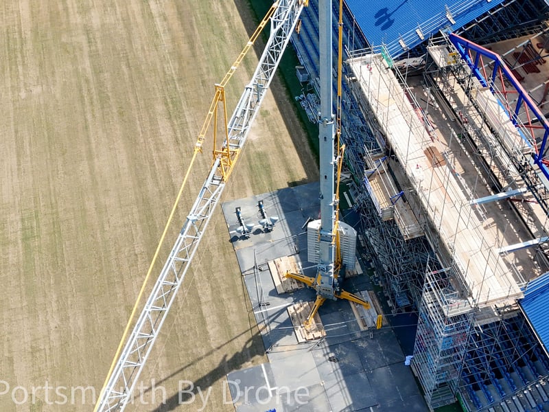 Drone image showcasing Fratton Park and South Stand TV gantry work by My Portsmouth By Drone.